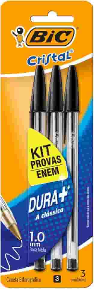 BIC 930095 Kit Enem - Caneta Esferográfica Cristal Dura Mais, A Clássica, com 3 Canetas Pretas, Ideal para o Enem