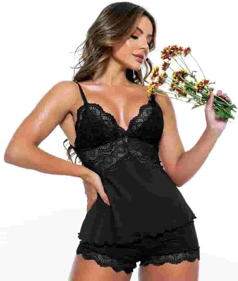 Baby Doll de Poliamida Rendado, Conjunto de Pijama Feminino, Camisola e Short, Lingerie Sensual