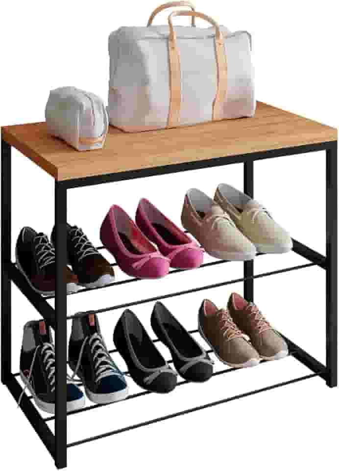 Sapateira Banco Industrial Para Hall/Closet/Quarto 2 Prateleiras em Chapa de Aço - LH Móveis (Cedro)