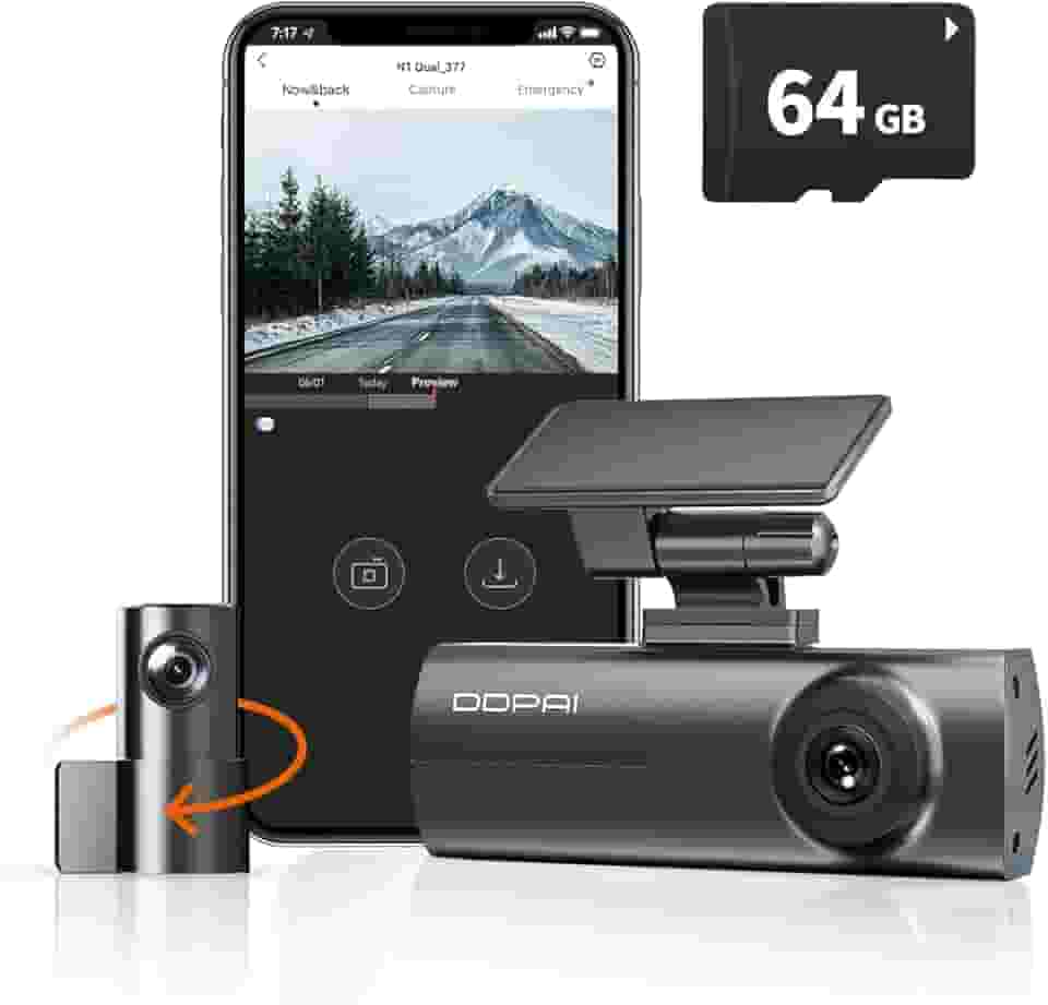 DDPAI N1 Dual Câmera Veicular Frontal Traseira 1296P+1080P, Dachcam com WiFi, Câmera para Carro com Visão Noturna, Aplicativo, Supercapacitor, Gravação em Loops, Estacionamento 24H (N1+64G Cartão SD)