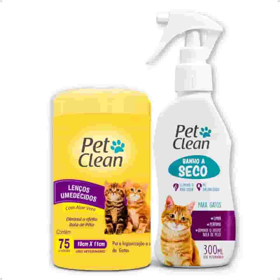 Kit Banho a Seco 300ml + Lenços Umedecidos com Aloe Vera 75 Unidades para Gatos Pet Clean