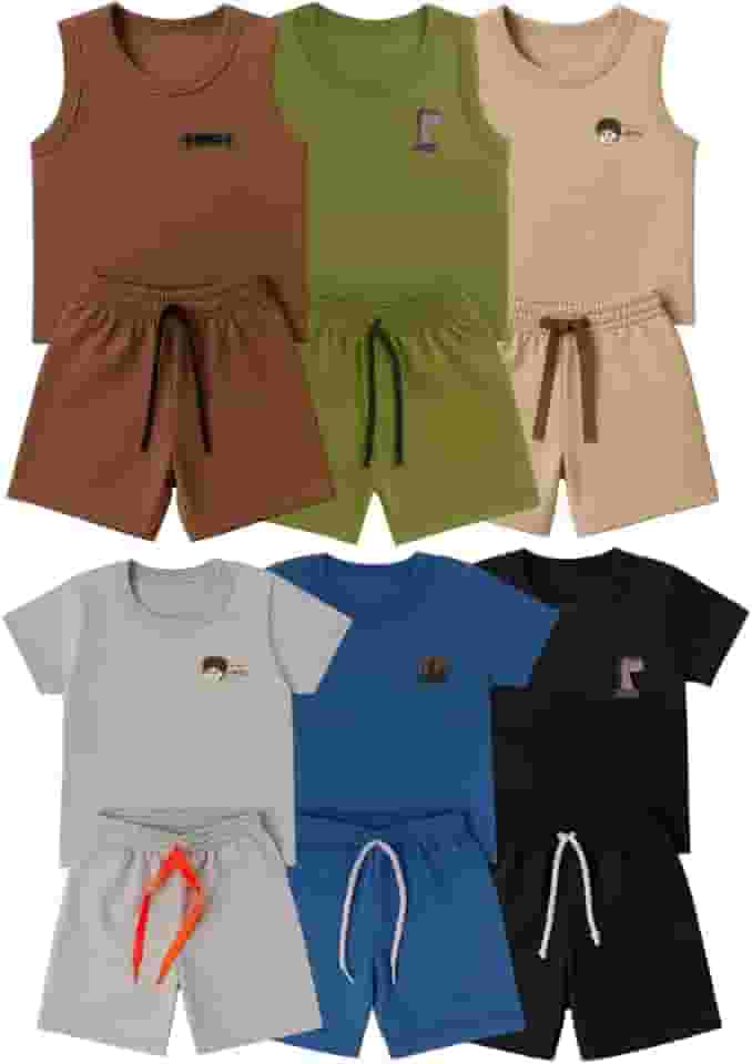 Kit 6 Peças Conjunto Infantil Menino Camiseta e Bermuda Lisas, Roupas de Verão Leves e Fresquinhas, Moda Infantil Masculina para Escola, Passeio e Dia a Dia