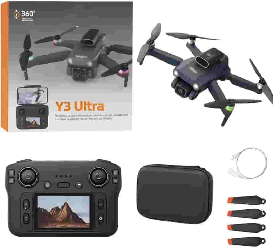 Drone Y3 Ultra Dobrável Com Câmera HD, Motores Brushless, Sensor de Obstáculos, Controle LCD, 3 Baterias, Estabilidade Óptica e Luzes LED, Fotos e videos aereos.