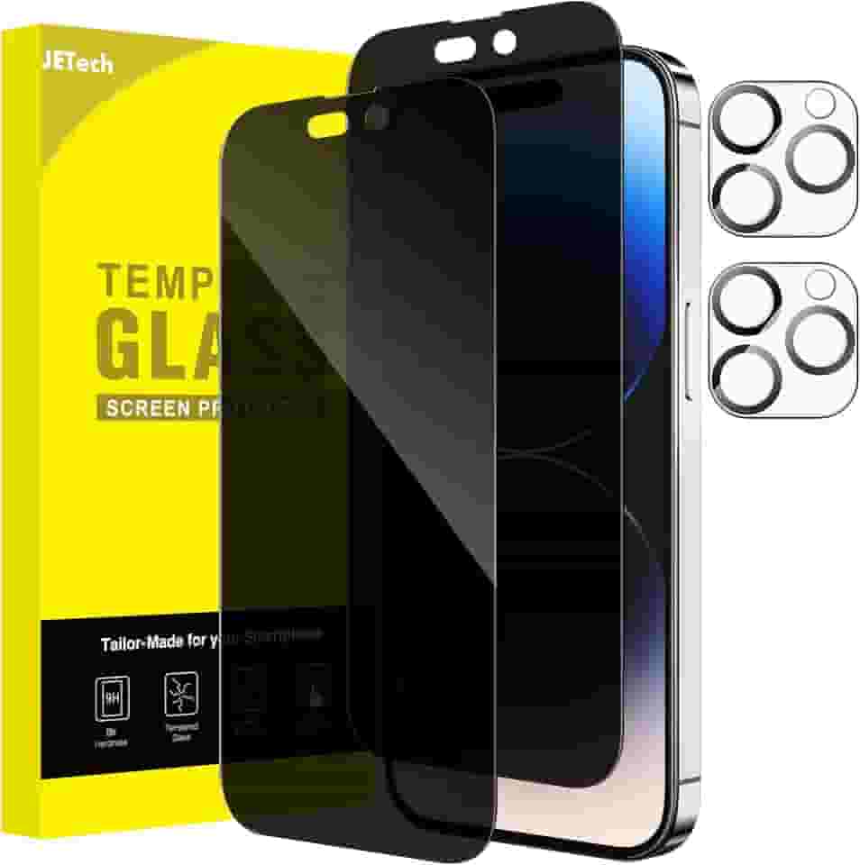 JETech Película de Vidro Temperado Cobertura Total de Privacidade para iPhone 14 Pro Max 6,7 Polegadas com Protetor Lente Câmera, Protetor de Tela Anti-Espião, 2 Pacotes Cada