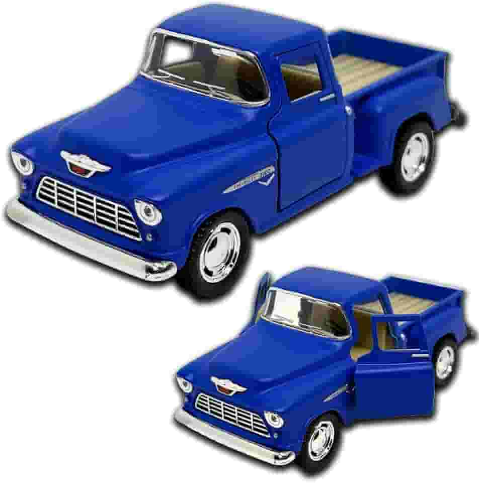 Miniatura de carro Chevrolet Stepside 1955 em Metal, com fricção, pneus em borracha, abertura de portas laterais, 12 CM, 1/32, Resistente a quedas (Azul royal fosco)