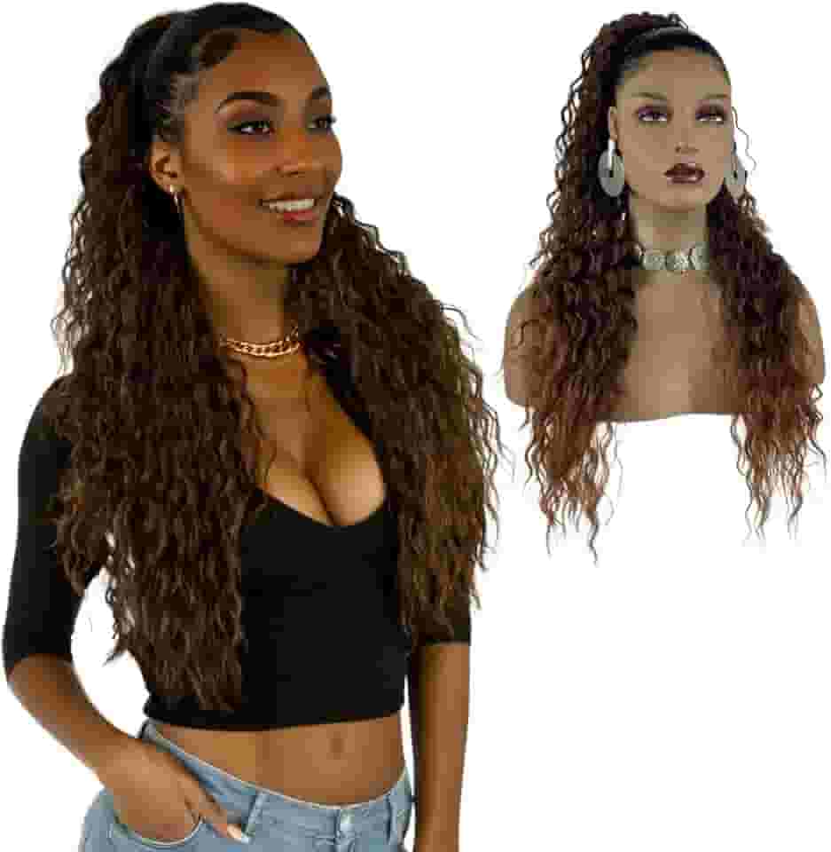 Rabo de Cavalo Cacheado Longo | Aplique e Extensão de Cabelo Bio Fibra Premium Modelo Jacy Ser Mulher 70cm | Acessórios de Cabelo Leve e Confortável (Degradê Castanho/Loiro Escuro)