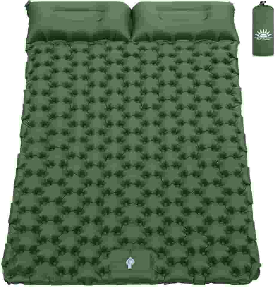 Colchão Inflável para Camping Casal com Travesseiro, Compacto e Resistente, 195 * 132 * 8cm (Verde)