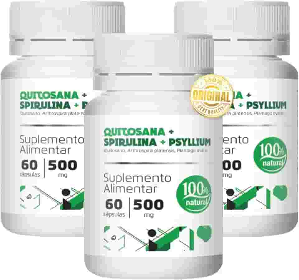 Quitosana Spirulina Psyllium - Kit 3 Frascos - 60 Cáps Cada
