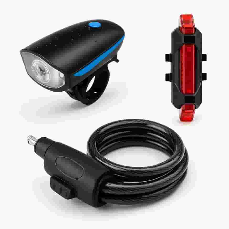 Kit Farol LED 250 lm com Buzina 140 dB Lanterna Traseira USB 4 Modos Cadeado para Bike 70 cm x 12 mm Silicone