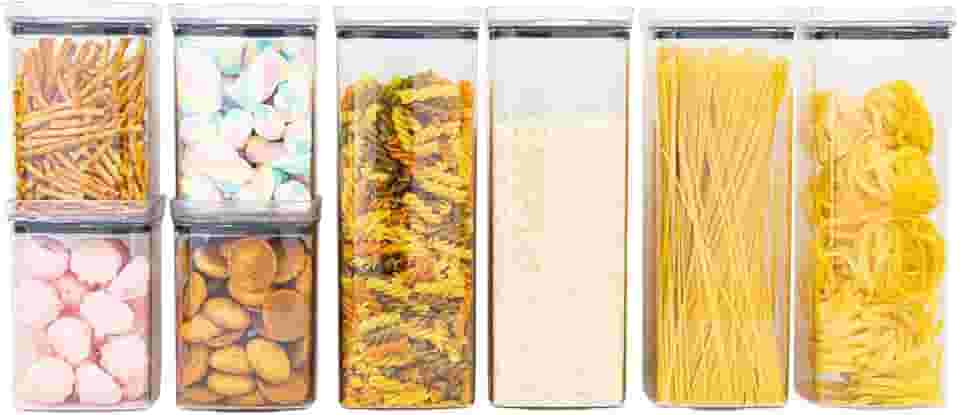 Kit 8 Potes Herméticos Acrílico Quadrado Empilháveis, Tampa de Vedação Silicone, Porta Alimentos e Mantimentos, Armário Cozinha Despensa