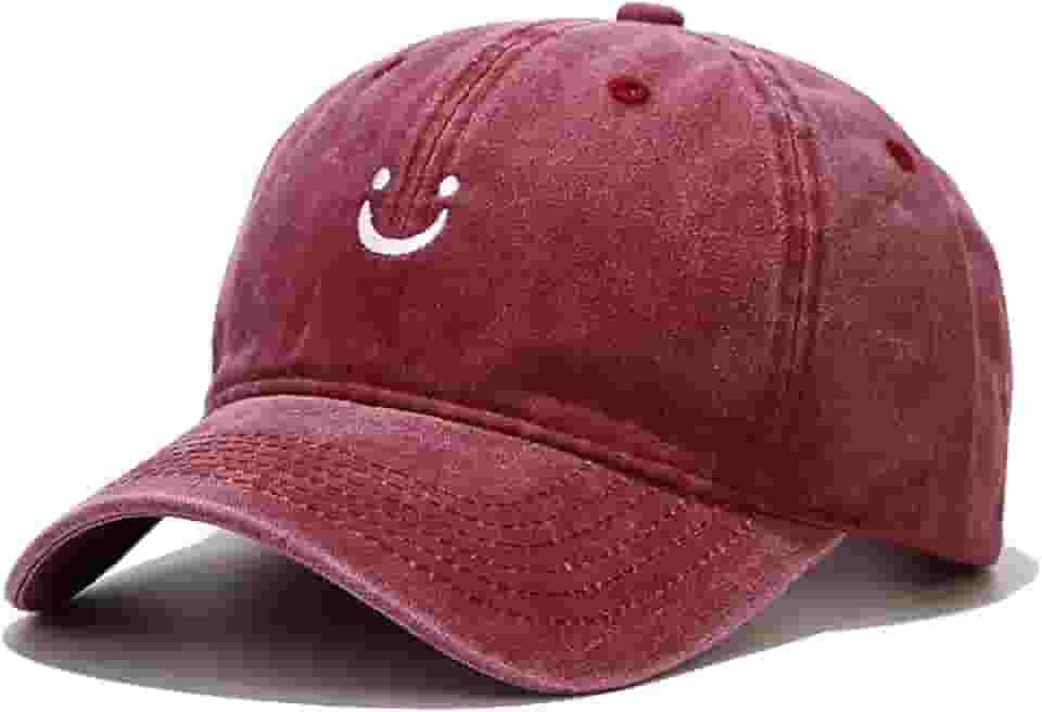 Boné de beisebol com rosto sorridente vintage, envelhecido, discreto, não estruturado, de algodão, ajustável, para mulheres e homens, Borgonha, tamanho �nico