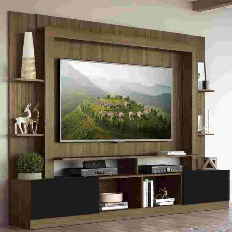 Rack Estante com Painel para TV até 65” Oslo Multimóveis – Design Moderno com 2 Portas, Madeirado/Preto