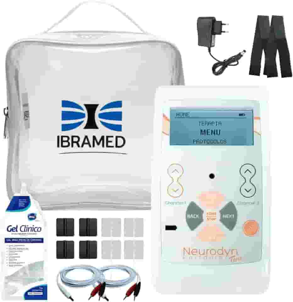 Neurodyn Portátil Ibramed – Aparelho de Eletroestimulação TENS ou TENS/FES – 2 Canais Bivolt Recarregável + Kit com Gel, Eletrodos, Faixa e Bolsa (TENS)