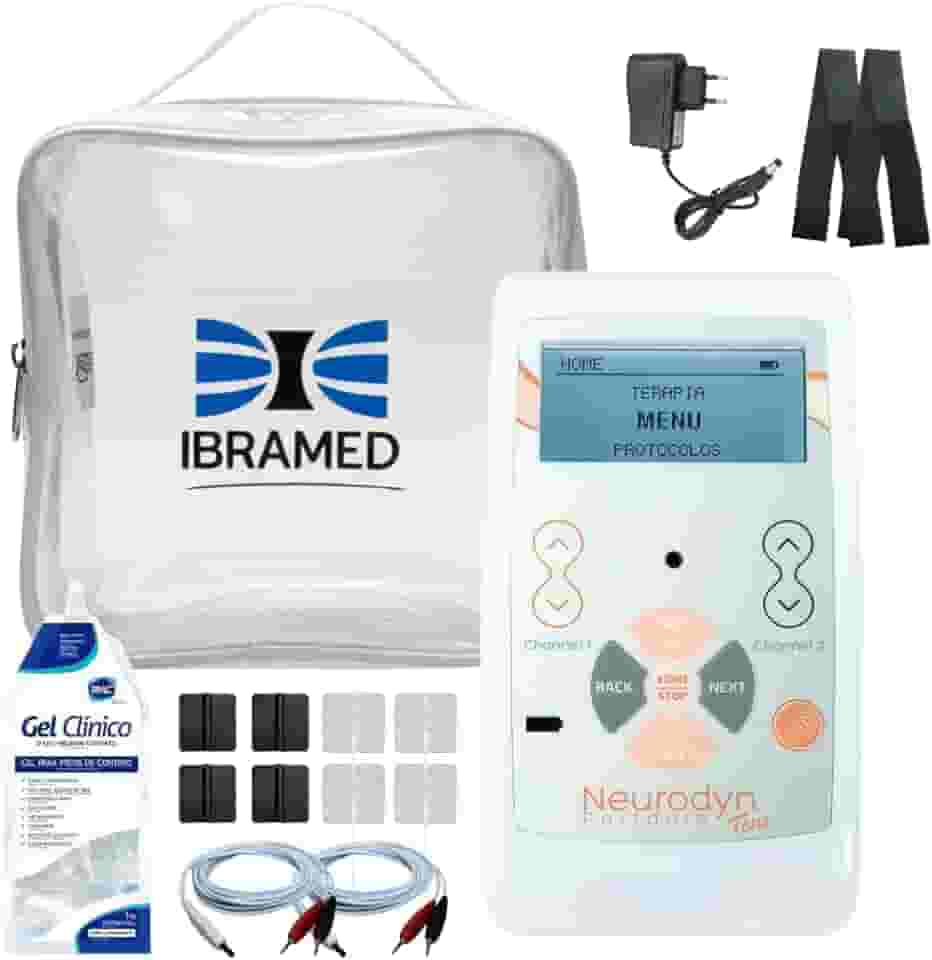 Neurodyn Portátil Ibramed – Aparelho de Eletroestimulação TENS ou TENS/FES – 2 Canais Bivolt Recarregável + Kit com Gel, Eletrodos, Faixa e Bolsa (TENS)