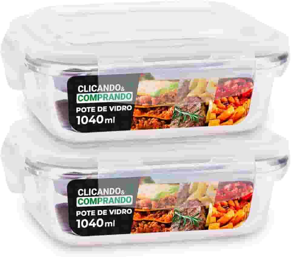 KIT 2 Potes de Vidro Retangular com Tampa Hermética 1040ml Cor: Transparente