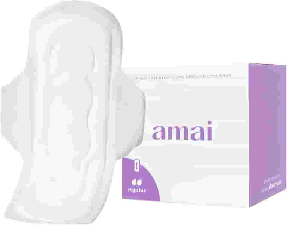 Amai, Absorvente Externo Fluxo Regular, Algodão Sem Químicos, Hipoalergênico, Sem plástico comum, Com Abas - 14 unidades