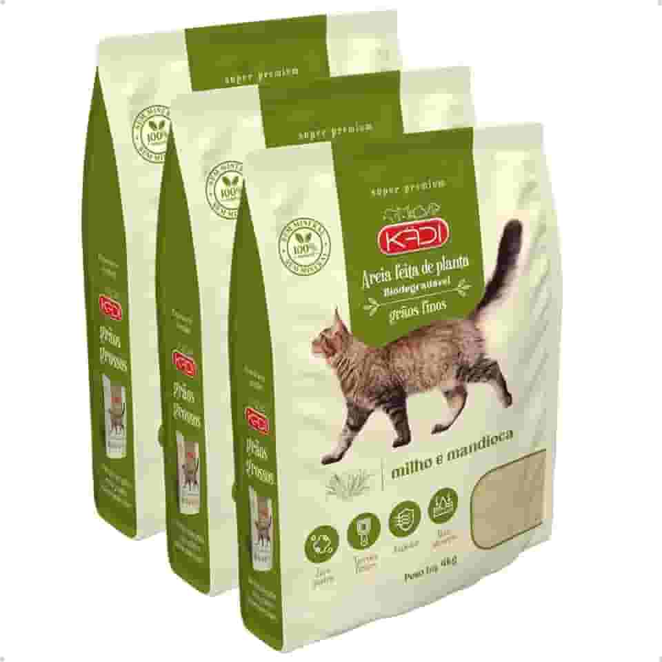 Kit 3 Pacotes Areia Higiênica Natural Biodegradável de Grãos Finos de Milho e Mandioca para Gatos Kadi 4 kg