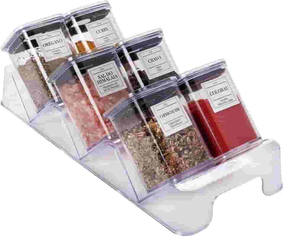 PLASUTIL Porta Tempero Condimento Hermético Cristal com Base Modular 7 Peças