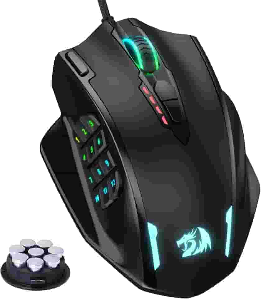 Redragon Mouse M908 Impact RGB LED MMO com botões laterais Mouse para jogos com fio óptico com 12.400DPI, alta precisão, 20 botões programáveis para mouse