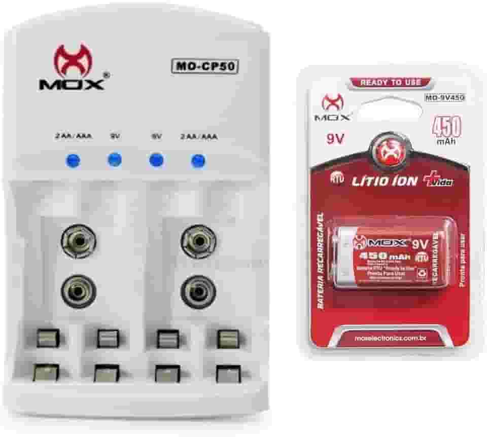 Carregador Mox Cp50 Com 1 Bateria 450 mah Recarregável 9v de Lítio Ion Mo-9v450