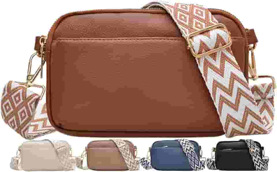 Bolsas transversais para mulheres, bolsas de ombro de couro vegano, bolsas femininas com alça larga ajustável, Marrom, Small