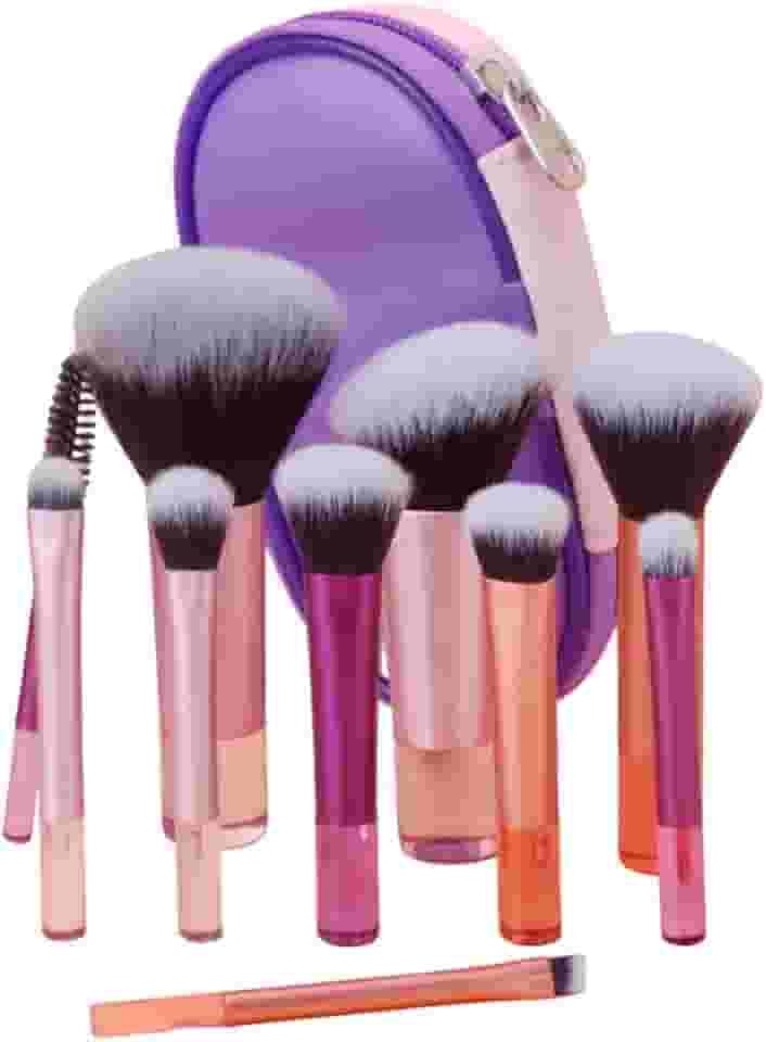 Kit Mini Pincéis de Maquiagem 10 Peças Travel Size com Nécessaire – Cerdas Macias para Make Completa - Rosa e Roxo