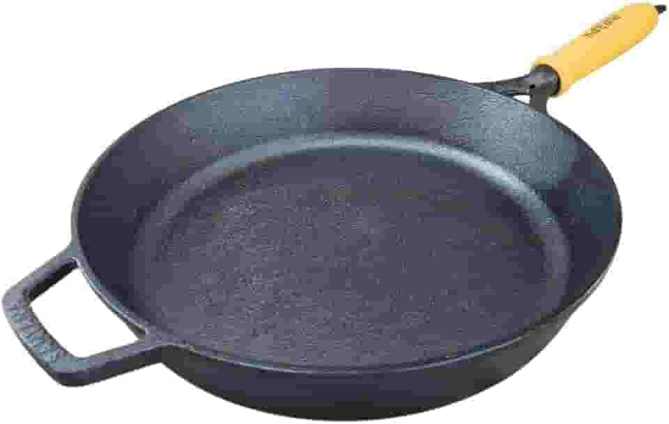 Frigideira Ferro Fundido 27cm Antiaderente Alta Cabo Madeira Bistequeira Bifeteira Chapa Grelhar