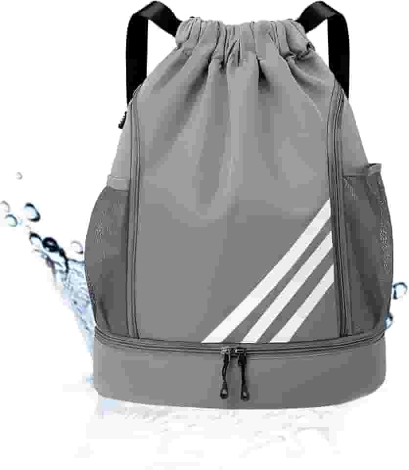 Mochila Esportiva com Cordão, Separação seca e húmida, Mochila de grande capacidade para viagens de lazer, Bolsos Laterais em Malha, Preto com Listras