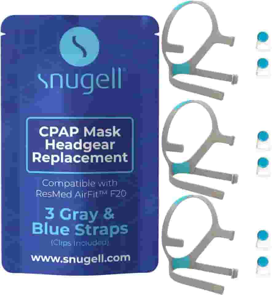 Snugell Alças de substituição para máscara facial CPAP AirFit ResMed F20 (pacote com 3) – clipes incluídos – Nylon elástico – Cor cinza/azul