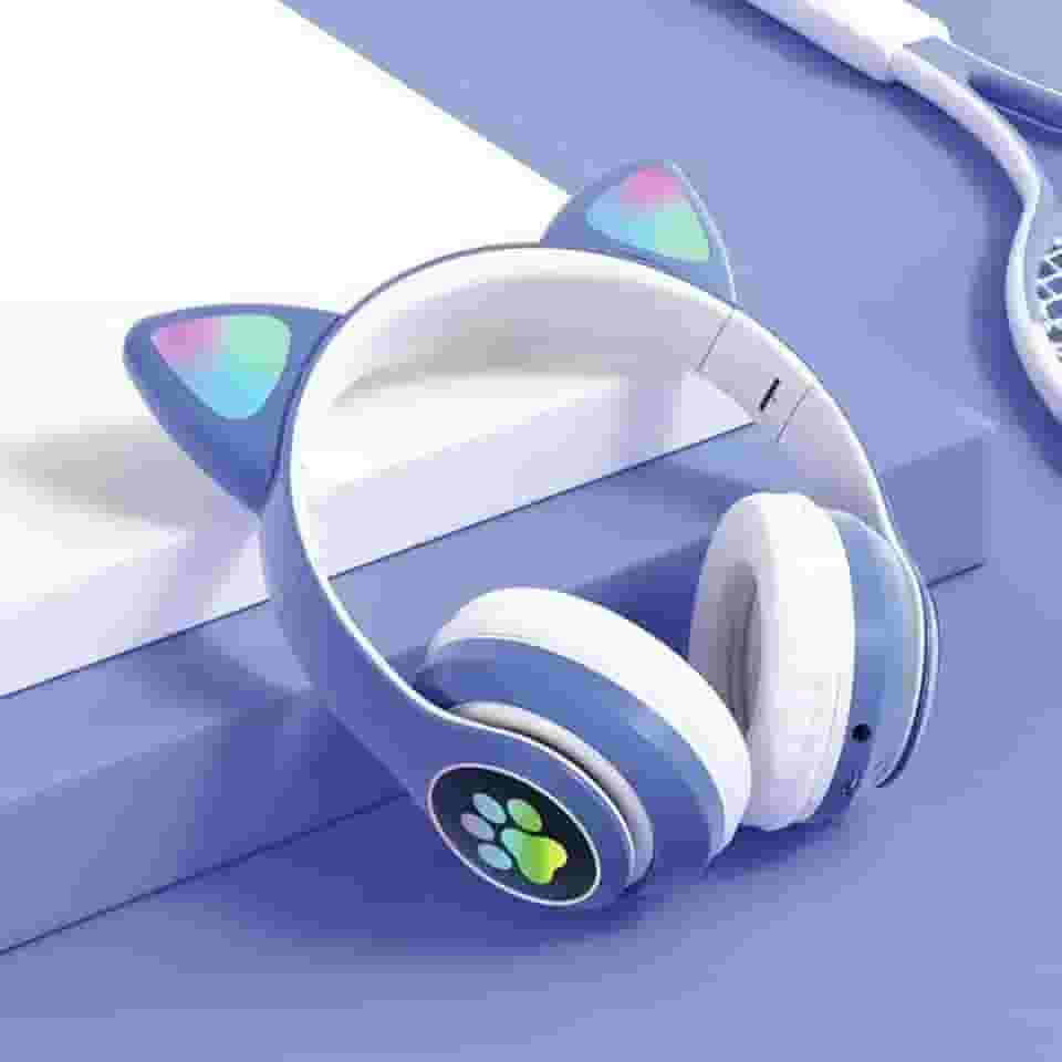 Fone de Ouvido Infantil Bluetooth com Orelhas de Gato, LED RGB, Dobrável, Ajustável, Design Kawaii para Crianças (Azul)
