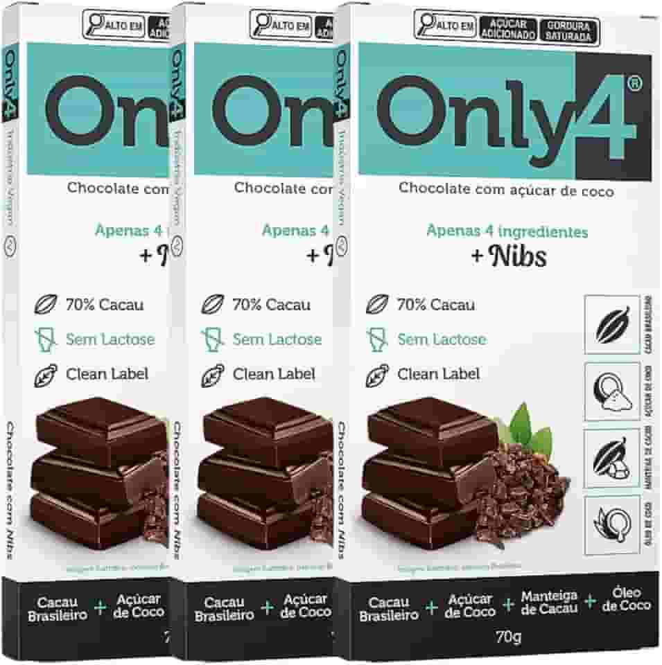 Kit com 3 Tabletes de Chocolate 70% Cacau com Nibs de 70g cada - Only4