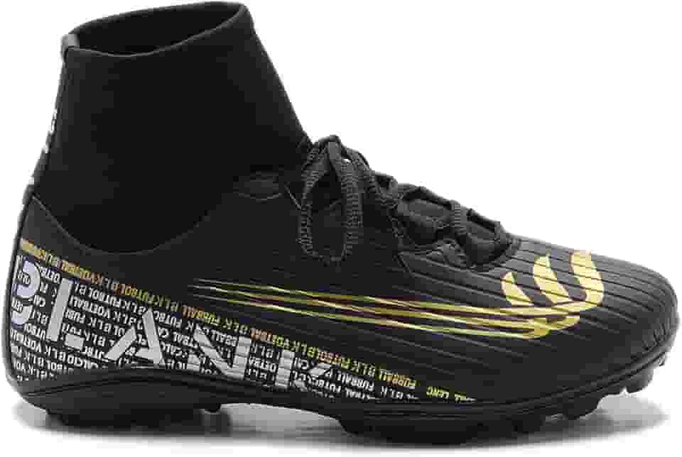 Chuteira Society Botinha Preto Dourado, Cano Alto com Solado Costurado Original