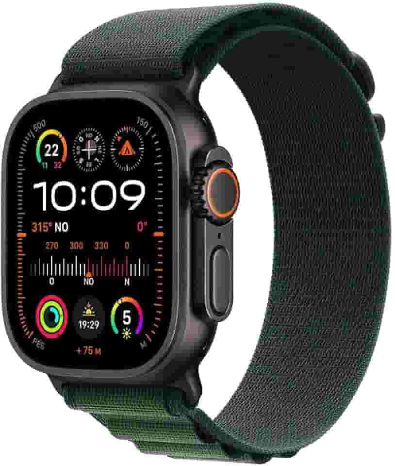 Apple Watch Ultra 2 GPS + Cellular • Caixa preta de titânio – 49 mm • Pulseira loop Alpina verde-escura – P
