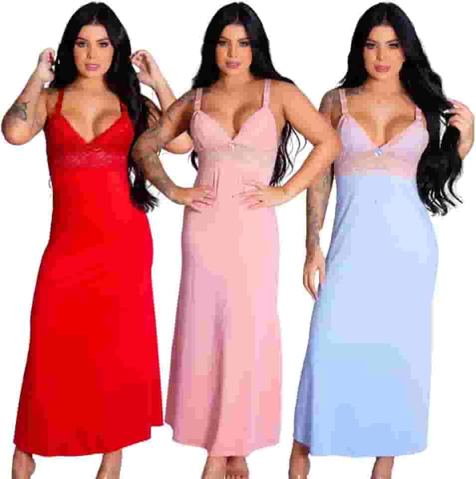 Kit 3 Camisolas Longas de Amamentação Elegante Confortável Vestido de Dormir Prático Lingerie Maternidade