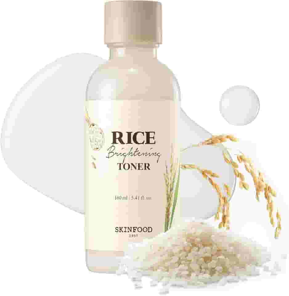 SKINFOOD Tônico clareador de arroz, tônico facial coreano para pele de vidro brilhante, leite natural de água de arroz para minimizar os poros, hidratante, pele brilhante, vegano, 160 ml.