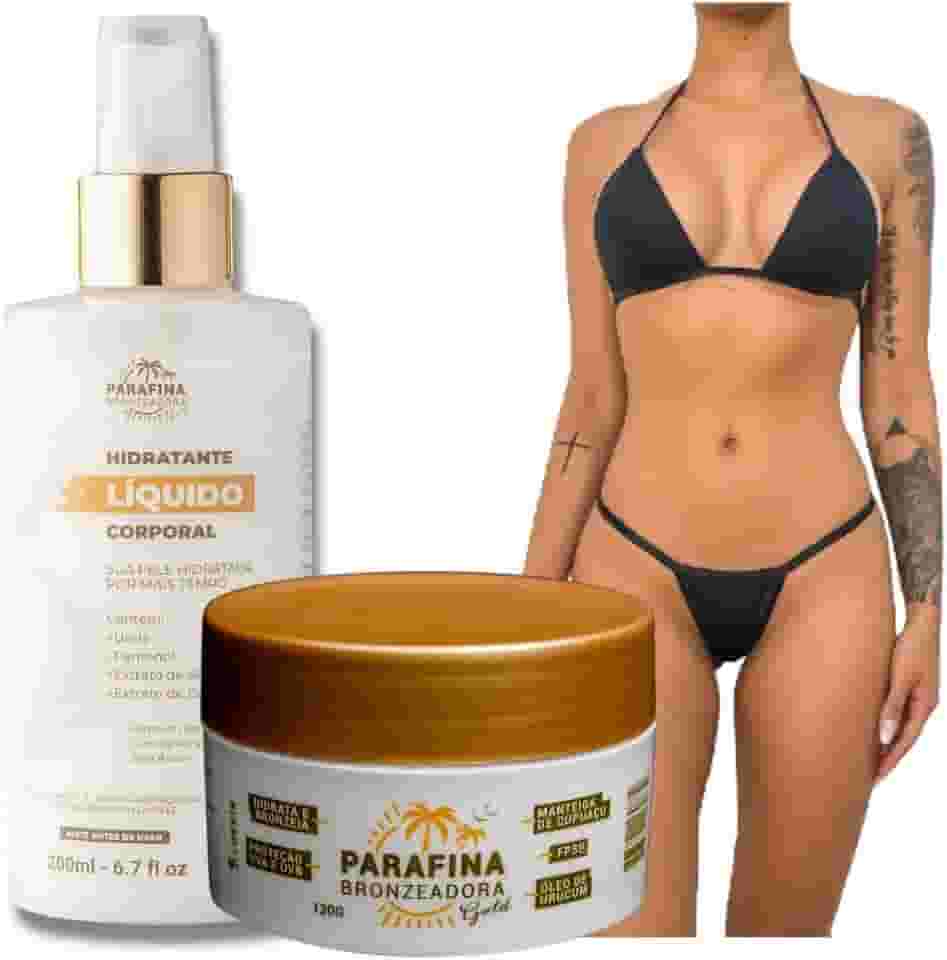 Parafina Bronzeadora Gold 120g, Hidratante e Biquíni Completo em tecido para marquinha tipo fita