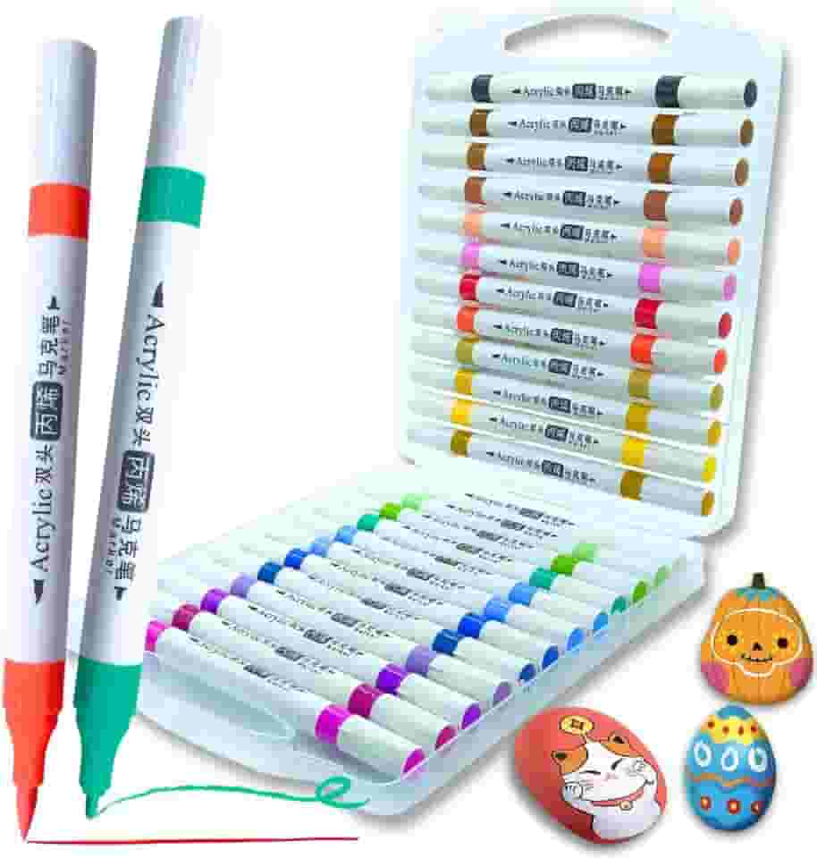 Conjunto de Marcadores Acrílicos Ponta Dupla Premium, Para Pintura de Papel, Tela, Madeira, Metal, Cerâmica, Vidro e Tecidos Marcadores Para Colorir Para Crianças e Adultos (24 cores)
