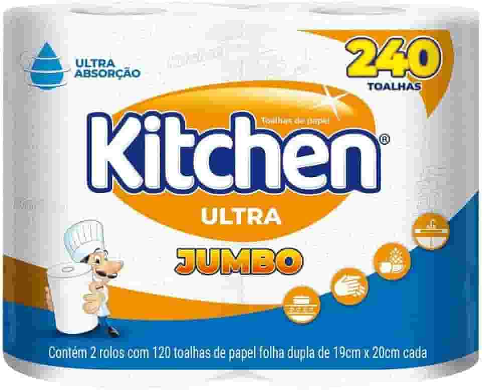 Papel Toalha Kitchen Jumbo Folha Dupla - Pack com 2 rolos de 120 unidades de 19x22 cm cada, Branco