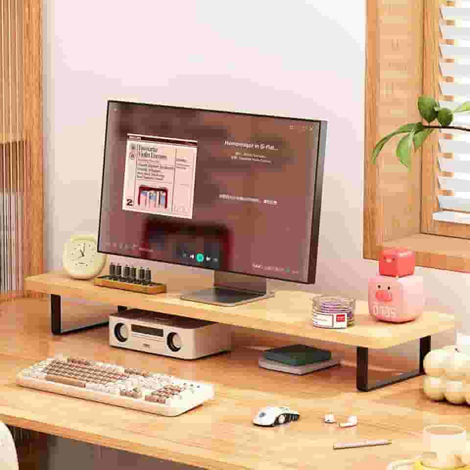 Suporte de Monitor Madeira, Base Monitor para Mesa Gamer com Organização de Escritório, Fácil Instalação, 40 * 20 cm, Cor natural da madeira