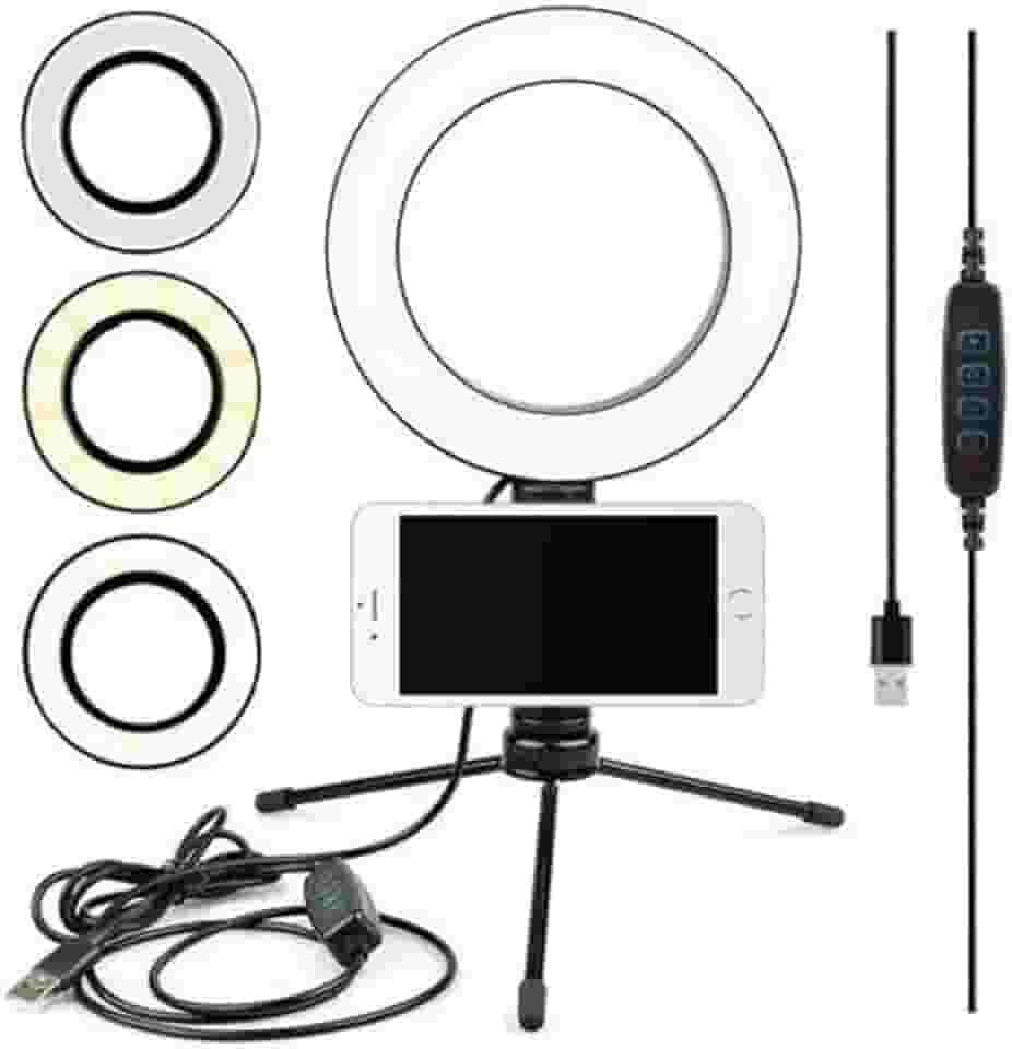 Ring Light LED 6” com Tripé de Mesa e Suporte para Celular | Iluminador Circular com 3 Modos de Cor e 10 Níveis de Brilho para Fotos, Vídeos, Lives e Maquiagem