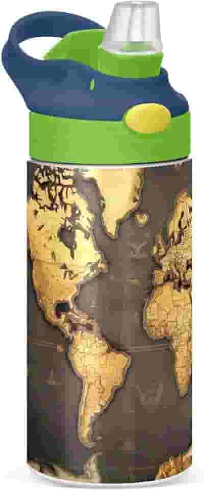 Garrafa de água infantil isolada com tampas de canudo Garrafas de água de aço inoxidável para crianças Mapa do Mundo de 350 ml