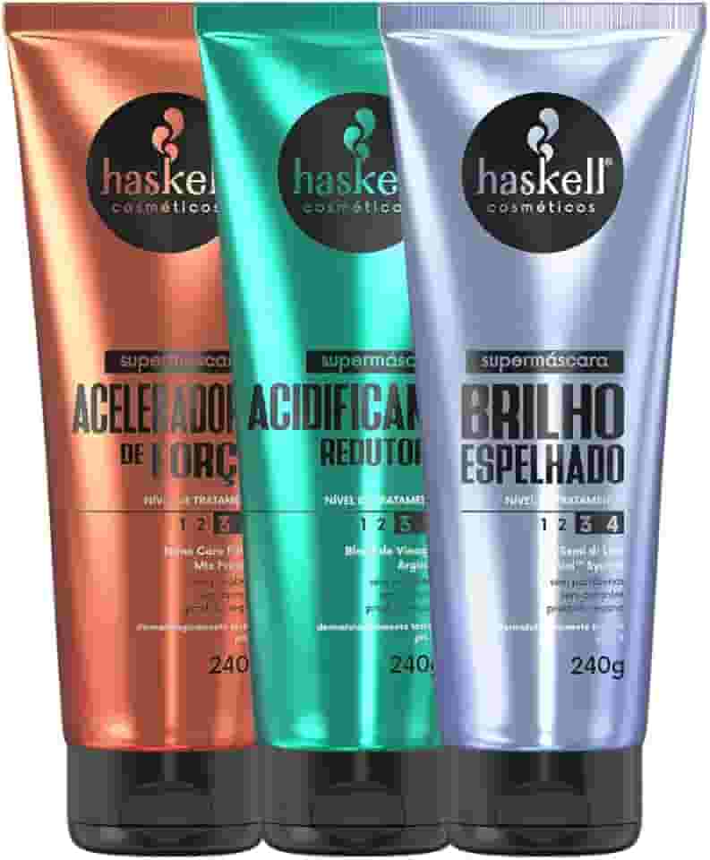 Kit Supermáscaras Haskell Acidificante Redutor de pH, Brilho Espelhado e Aceleradora de Força 240g