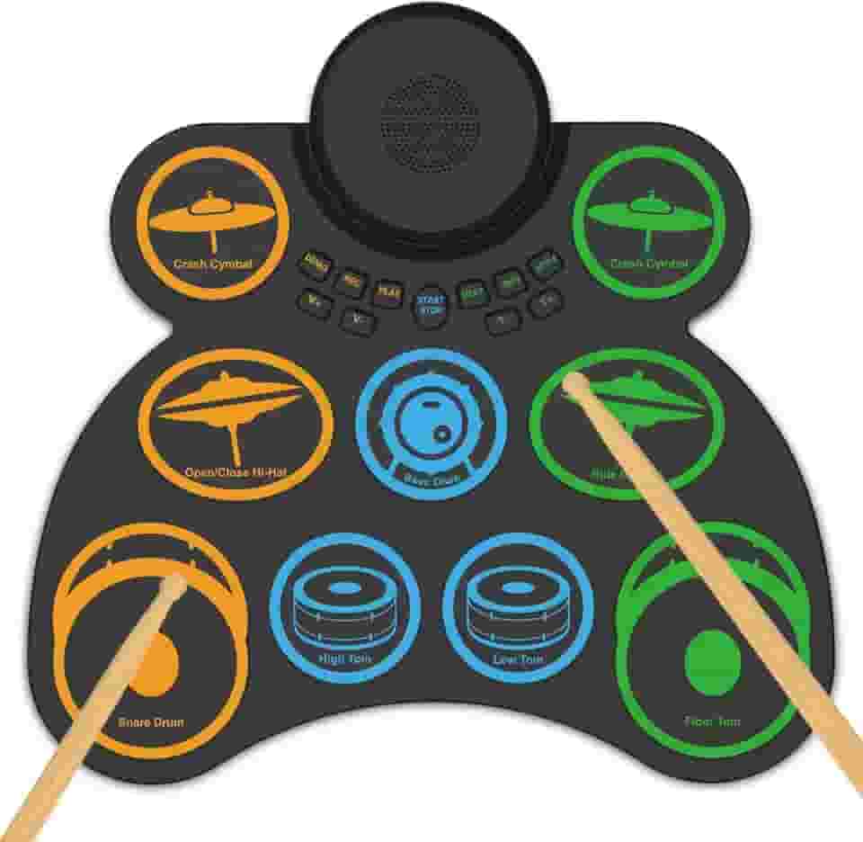 ANVAR Conjunto de Bateria Eletrônica Portátil com 9 Pads, Duplo Alto-Falante, 4 Horas de Bateria, MIDI e Conexão para Jogos - Presente Musical Perfeito para Iniciantes e Crianças