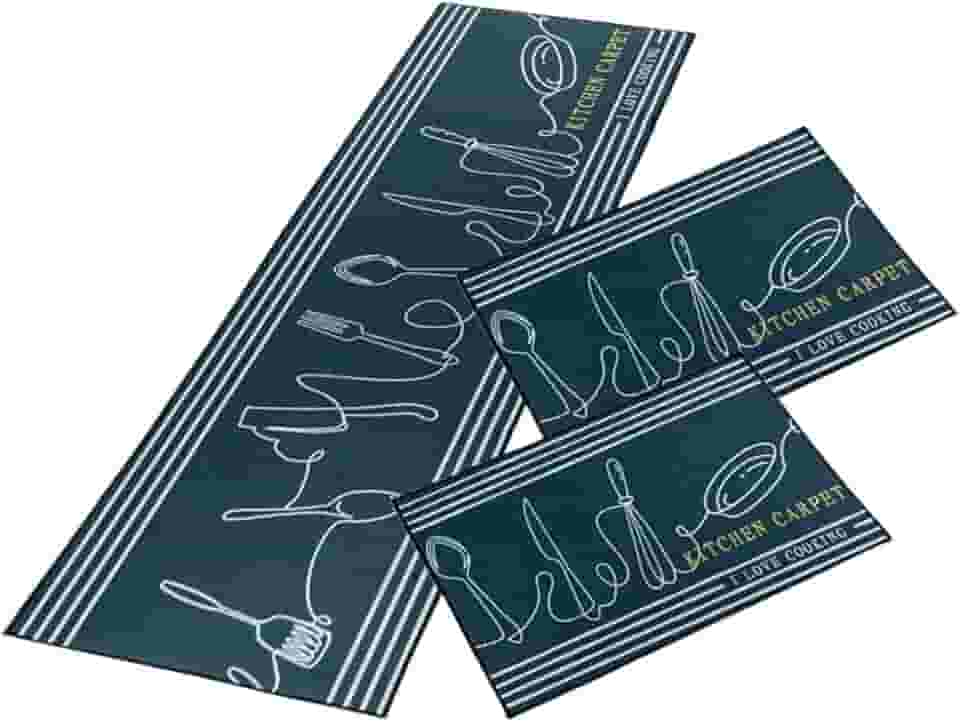 Jogo Tapete Passadeira 3 Pçs Antiderrapante Emborrachado Capacho Cozinha Talheres Listrado Preto Macio