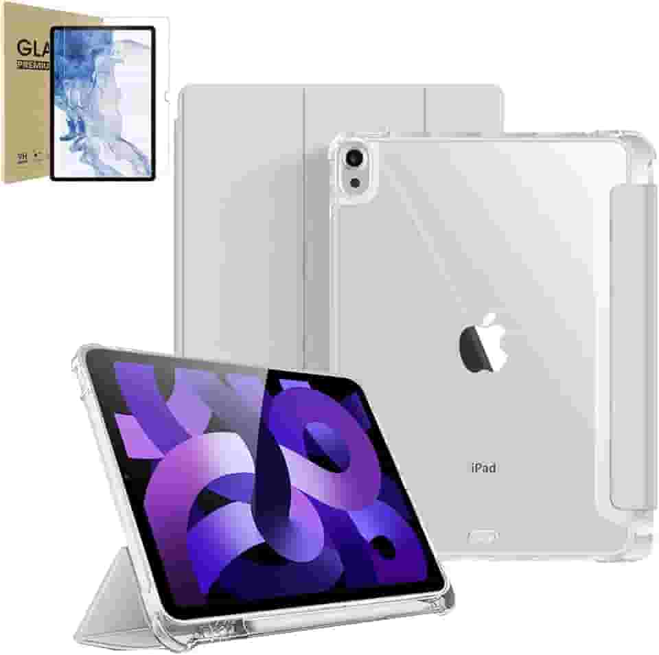 Capa Para iPad Air 4ª/5ª/M2/M3 Geração 10,9/11", Com Suporte a Caneta, Fundo Transparente para DIY/Anti Impacto/Auto Sleep/Premium Resistente Funcional (Cinza, Com Película de Vidro)