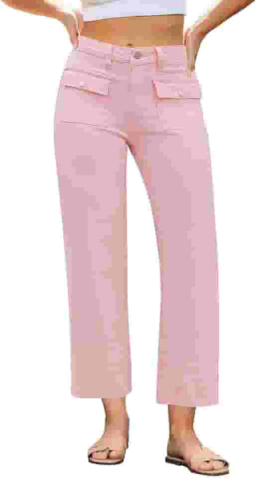 Jeans de perna larga para mulheres, moderno, cintura alta, perna reta, corte elástico, calça jeans com bolsos retrô