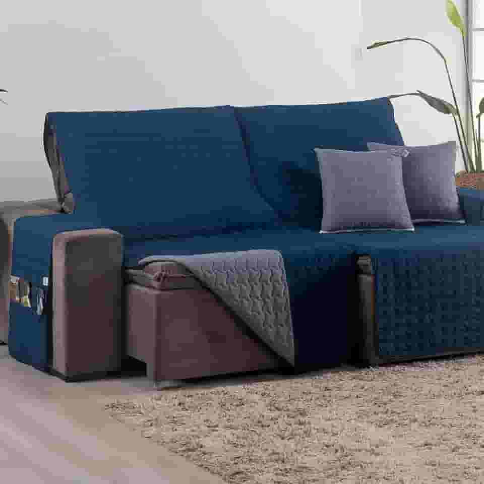 Capa para Sofá Retrátil 3 Lugares 1,80m 400 Fios + 2 Capas de Almofada | Protetor de Sofá Reclinavel com Bolso Lateral (Marinho/Cinza)