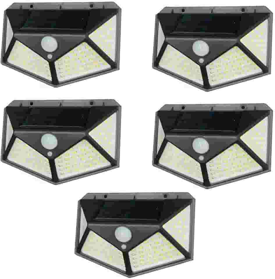 Kit 5 Luminária Energia Solar Parede 100 Led Sensor Presença 3 Funções Lampada