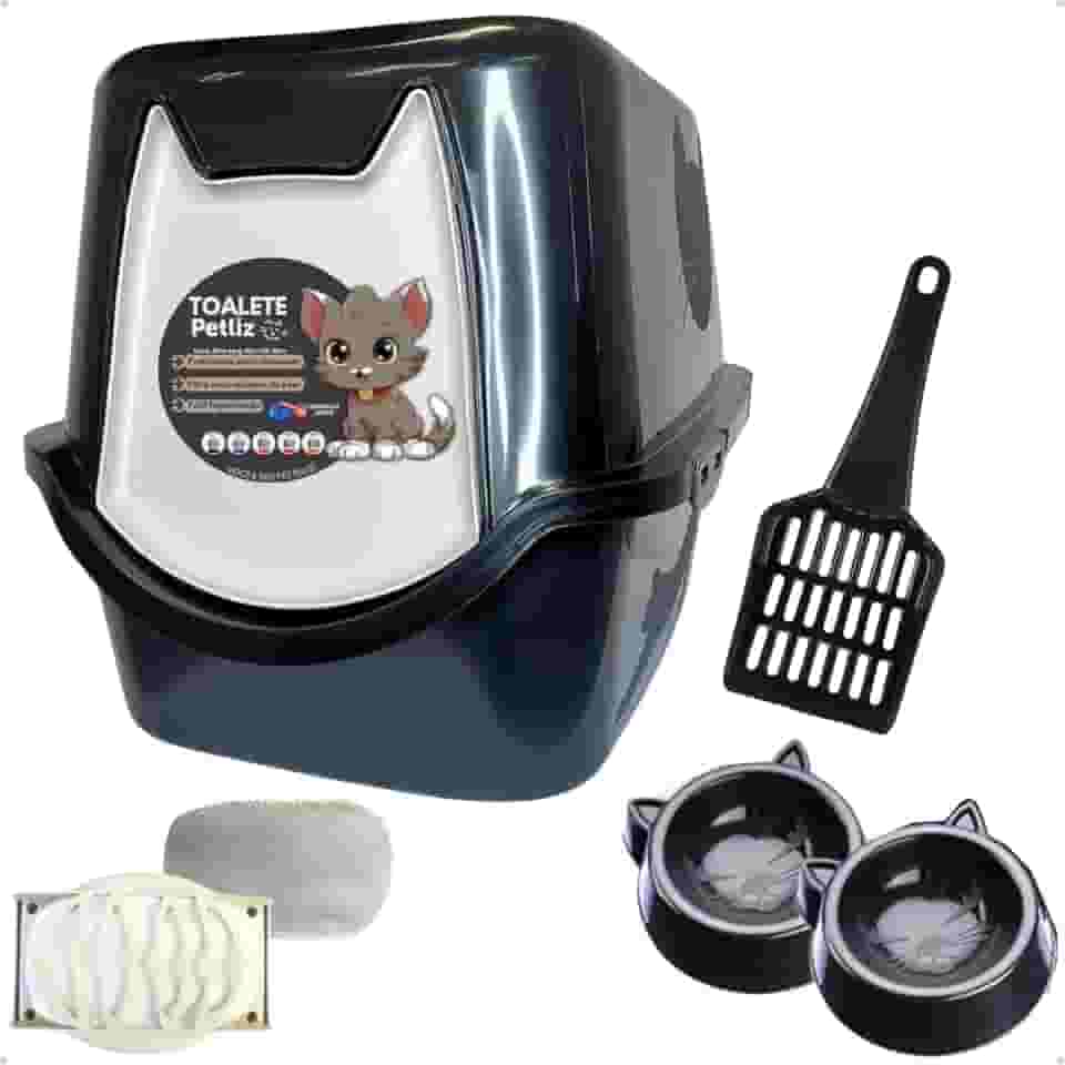 Caixa de areia para Gatos Toalete Black Petliz Banheiro Bandeja Sanitário Higiênico Facil Limpeza com Comedouros e Pá