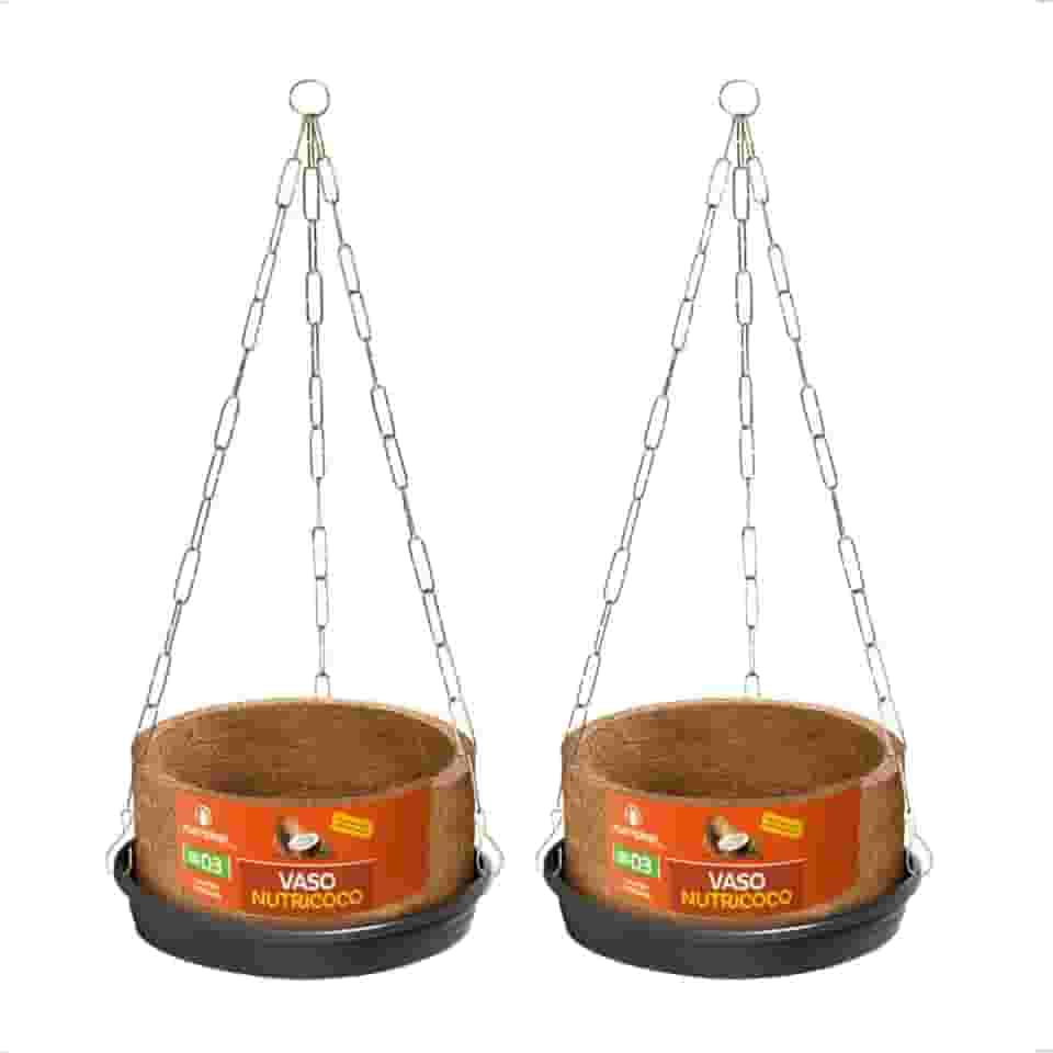 KIT Conjunto 2 Vasos Pendurar Samambaia N3 Completo Prato Corrente Fibra Coco N03 Xaxim Nutriplan